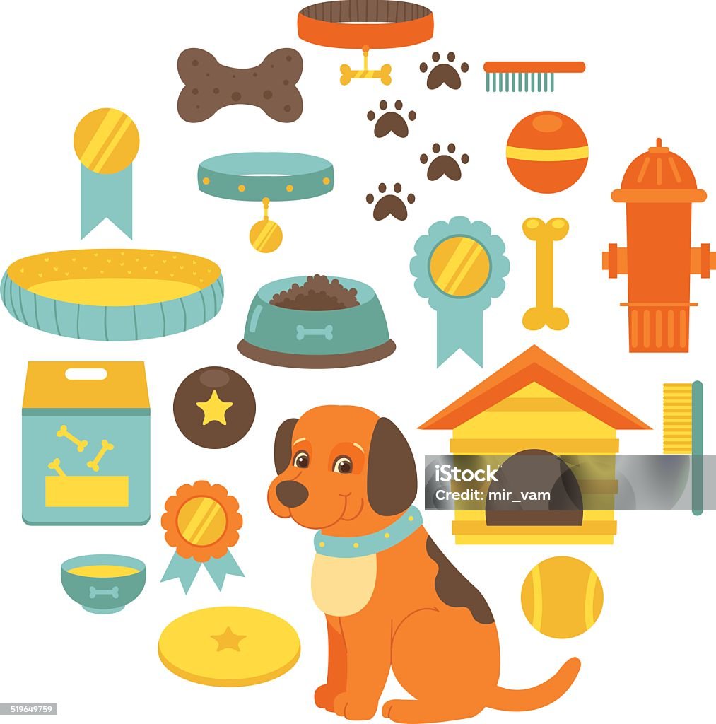 Dog stuff collection,dog toys, dog food, doghouse Set of dog stuff icons Dog's Toy stock vector