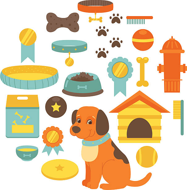 Dog stuff collection,dog toys, dog food, doghouse Set of dog stuff icons pet toy stock illustrations