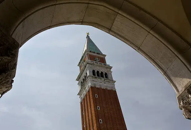 Venice, Italy: St.Mark Bell tower architectural detail. It is the bell tower of St Mark's Basilica in Venice, Italy, located in the Piazza San Marco. It is one of the most recognizable symbols of the city.