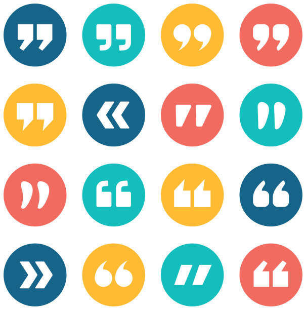 Quote marks flat circle icons set Quote marks flat circle icons set isolated on white background. Set of quotation marks. Double commas for quotation. Quote sign vector icons collection quotation mark stock illustrations