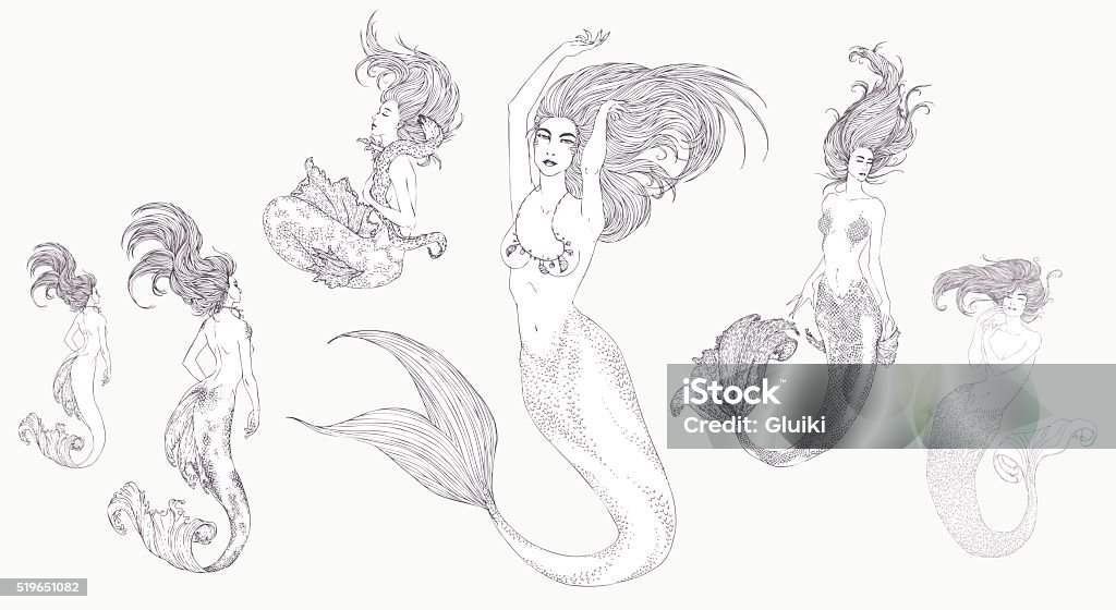 Black-and-white ink Sketch of mermaids. Black-and-white ink Sketch of the mermaid. Hand drawn black and white sketch of singing mermaid with moray eel. Vector illustration. Silhouette. Mermaid stock vector