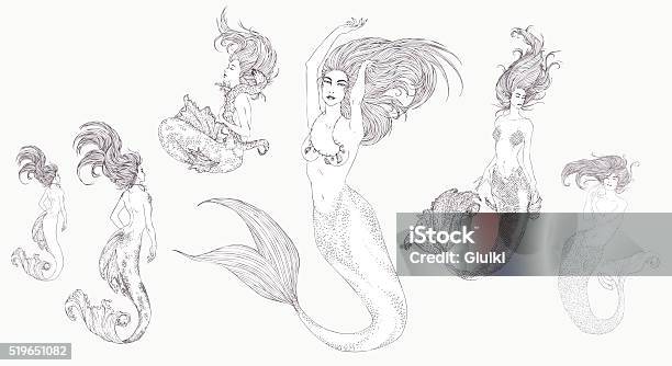 Blackandwhite Ink Sketch Of Mermaids Stock Illustration - Download Image Now - Mermaid, Tail, Tail Fin