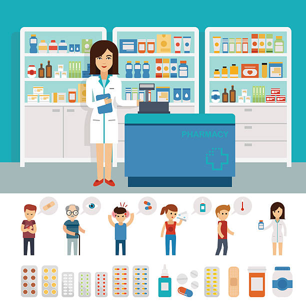 ilustraciones, imágenes clip art, dibujos animados e iconos de stock de farmacia infografía elementos diseño plano y bandera - pharmacy medicine narcotic nutritional supplement