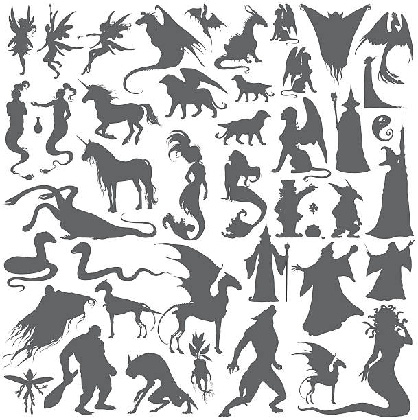 Silhouette collection of mythological people, monsters, creatures. Silhouette collection of mythological people, monsters, creatures: Fairy, elf, nymph,magician,unicorn,gin,dragon,hydra,chimera,mermaid,griffin,sphinx,vampire...Hand drawn vector illustration,set. warnock stock illustrations