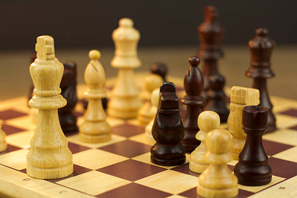 Chess board with game in play stock photo