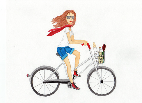 Beautiful girl on a white bike. Illustration