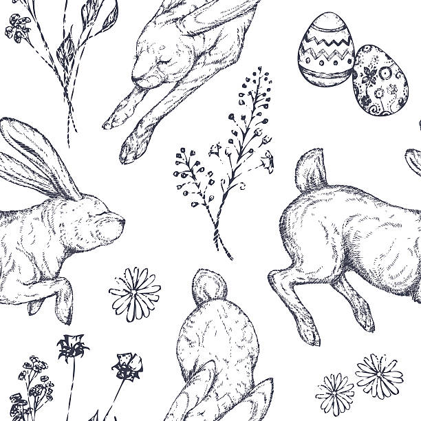 ilustrações, clipart, desenhos animados e ícones de páscoa padrões sem emendas com coelhos, ornamentado ovos, flores silvestres. - easter egg illustrations