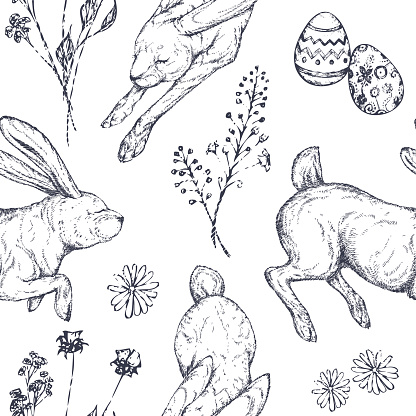 Easter seamless patterns with rabbits, ornamented eggs, wild flowers, abstraction. Hand drawn vector illustration. Realistic sketches.