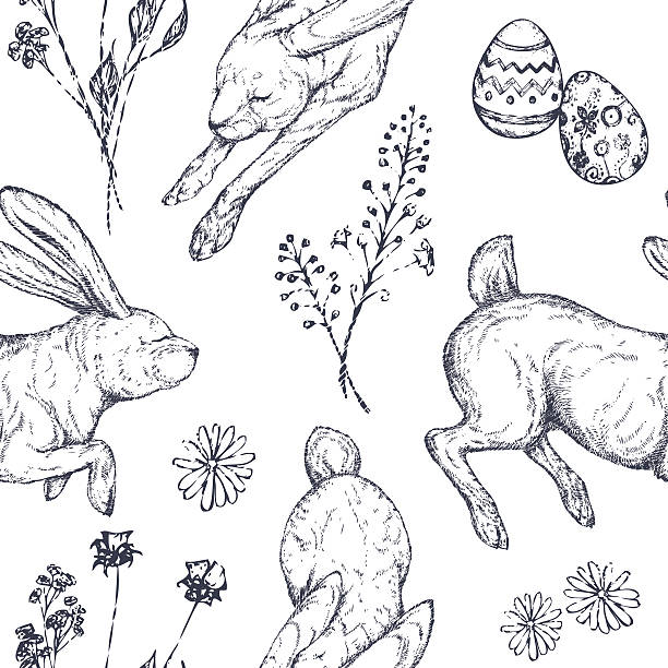 Easter seamless patterns with rabbits, ornamented eggs, wild flowers. Easter seamless patterns with rabbits, ornamented eggs, wild flowers, abstraction. Hand drawn vector illustration. Realistic sketches. easter drawings stock illustrations