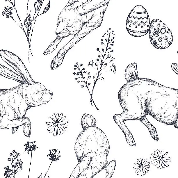 Vector illustration of Easter seamless patterns with rabbits, ornamented eggs, wild flowers.