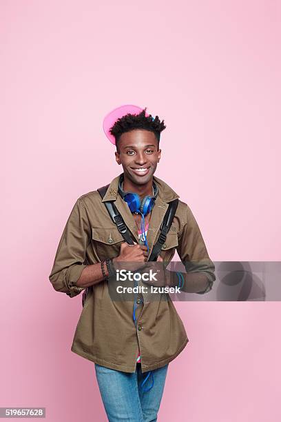 Smiling Afro American Guy Studio Portrait Pink Background Stock Photo - Download Image Now
