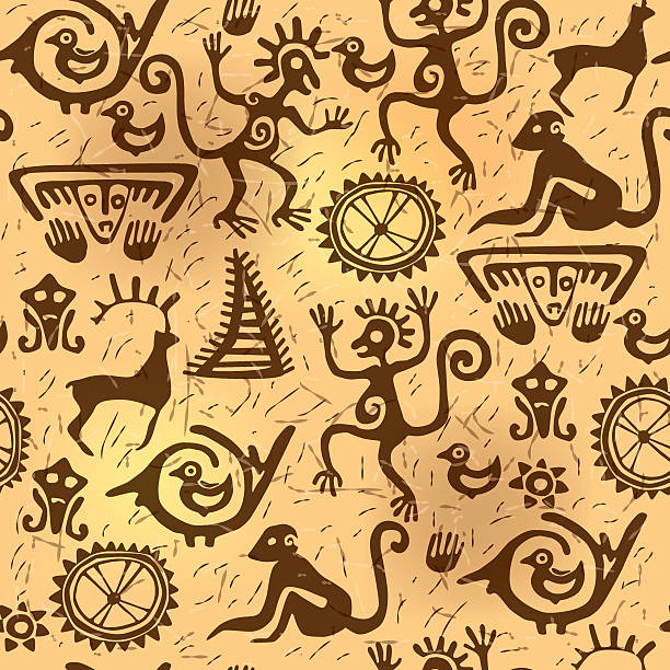 シームレスなパターンの古代の歴史 - caveman ancient cave painting prehistoric era点のイラスト素材／クリップアート素材／マンガ素材／アイコン素材