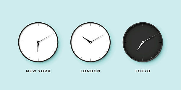 zestaw dzień i noc zegar w różnych strefach czasowych - inspiration ideas human head minute hand stock illustrations