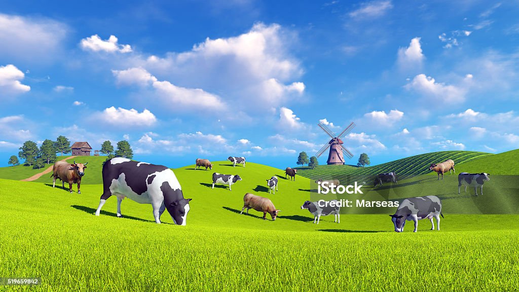 Dairy cows graze on spring meadows Farm landscape with cows grazing on a green meadows and with rustic house and windmill in the distance. Realistic 3D illustration was done from my own 3D rendering file. Barn Stock Photo