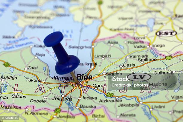 Riga Pinned On A Map Of Europe Stock Photo - Download Image Now - Aiming, Baltic Countries, Blue