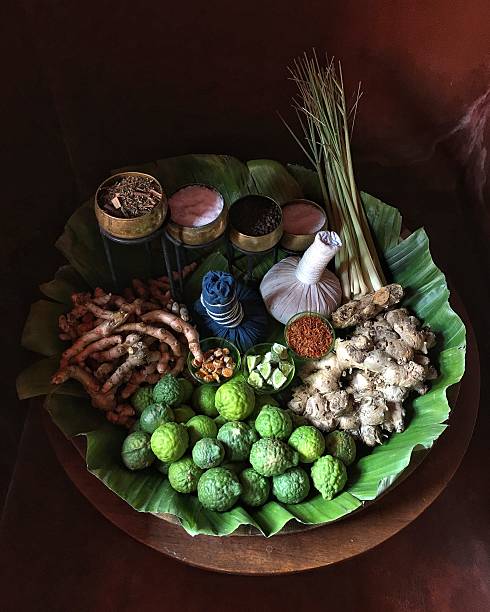Natural ingredients for Thai spa herbal compress ball. Traditional way to rejuvenate body and mind in Thailand.