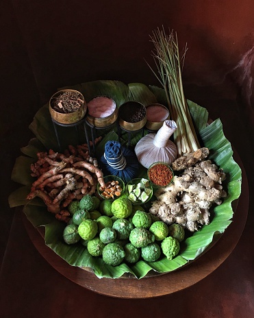 Natural ingredients for Thai spa herbal compress ball. Traditional way to rejuvenate body and mind in Thailand.