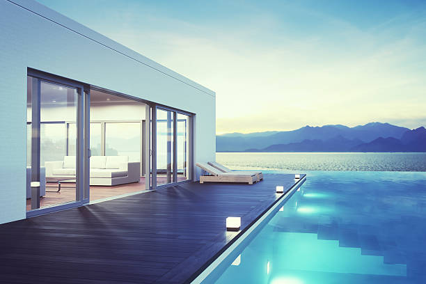 istock Modern Luxury House With Pool At Dawn 519663144