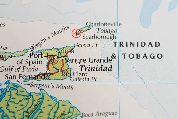 Close up of a map of Trinidad and Tobago in the Caribbean