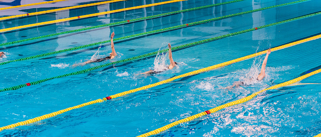 Female swimmer swimming backstroke in swimming pool.