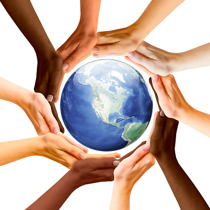 Multiracial Human Hands and Earth Planet. North America Continent View.