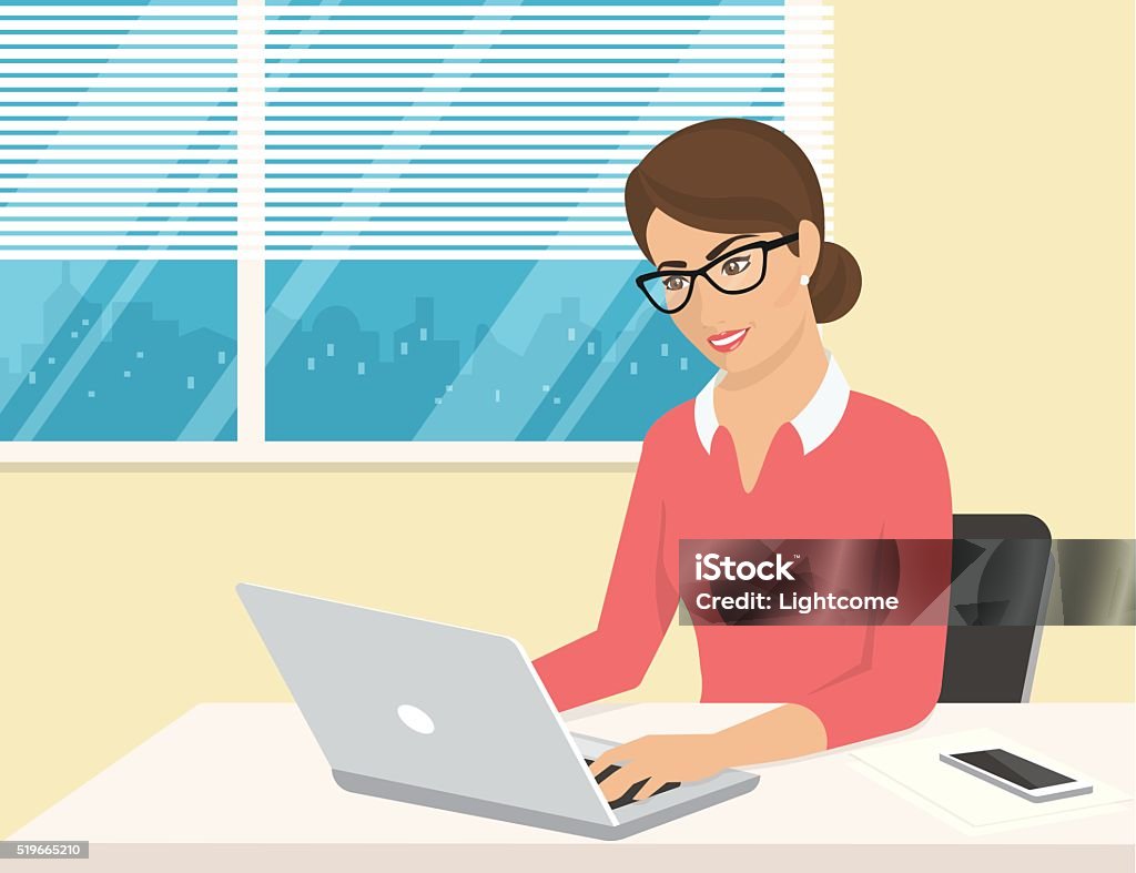 Business woman wearing rose shirt sitting in the office and Business woman wearing rose shirt sitting in the office and working with laptop. Flat illustration of business people at work desk Computer stock vector