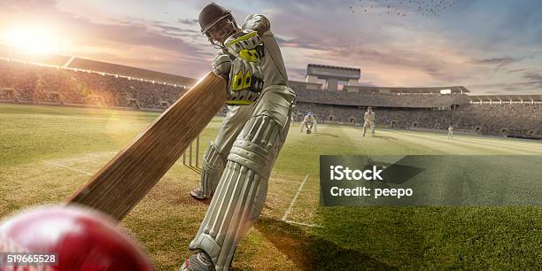 Cricket Batsman Hitting Ball During Cricket Match In Stadium Stock Photo - Download Image Now