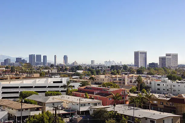 View of West LA, Century City, and downtown Los Angeles in the distant background.