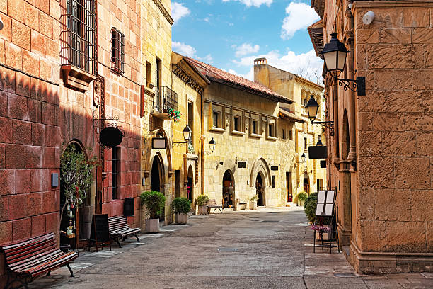 Typical landscapes and authentic Catalan cozy streets in cities Typical landscapes and authentic Catalan cozy streets in cities of Spain.Catalonia. spanish flower pots stock pictures, royalty-free photos & images