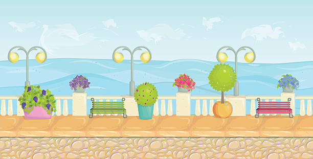 Sunny cartoon seafront landscape, endless vector seaside background Sunny cartoon seafront landscape, endless vector seaside background for computer games. Stone fence, plants, flowers, benches, paving. seamless wallpaper video stock illustrations