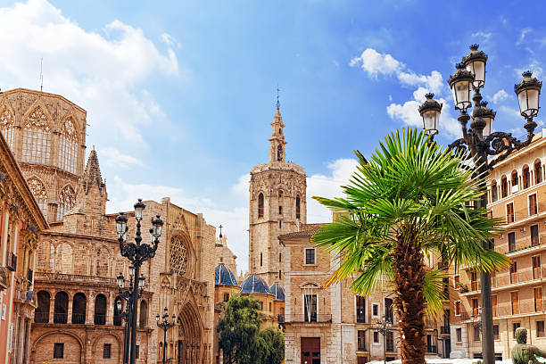 square of saint mary's and valencia  cathedral. - spanje stockfoto's en -beelden