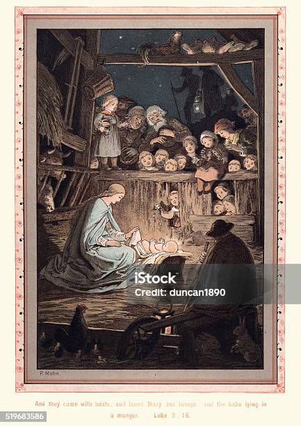 Mary And Joseph And The Babe Lying In A Manger Stock Illustration - Download Image Now - Nativity Scene, Christmas, Jesus Christ