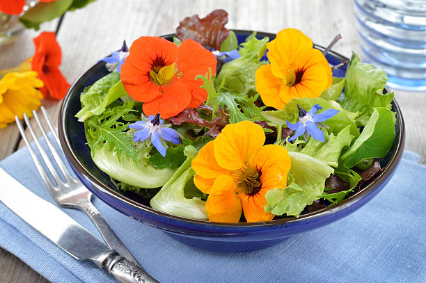 Salad with edible flowers nasturtium, borage. Fresh summer salad with edible flowers nasturtium, borage flowers in a bowl. nasturtium stock pictures, royalty-free photos & images
