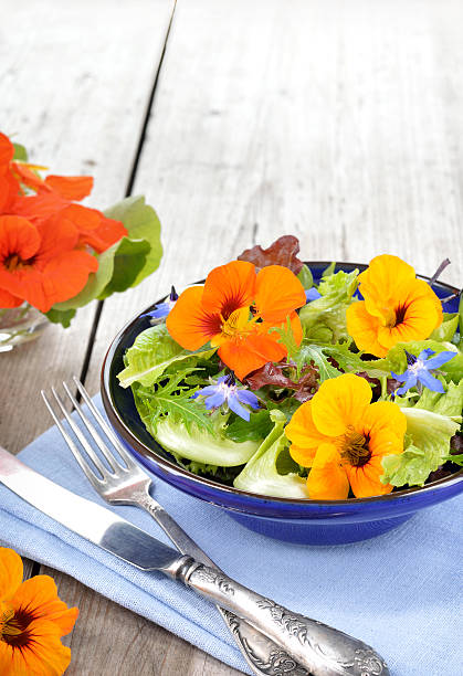 Salad with edible flowers nasturtium, borage. Fresh summer salad with edible flowers nasturtium, borage flowers in a bowl. Copyspace. nasturtium stock pictures, royalty-free photos & images