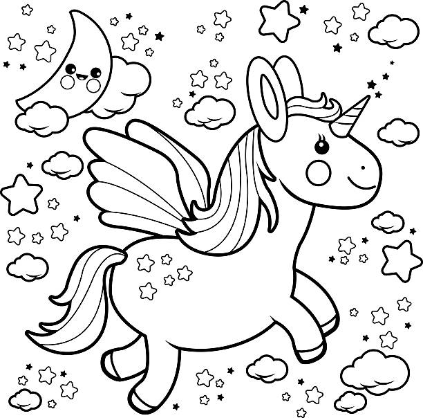 Cute unicorn flying in the night sky coloring book page Vector Illustration of a cute unicorn flying in the night sky with moon, stars and clouds. Coloring book page.  unicorn coloring pages stock illustrations