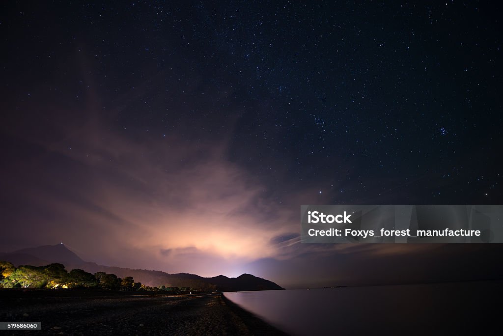 Night starry sky at the sea coast in Cirali, Turkey  Starry sky at night at the sea coast in Cirali, Turkey - landscape exterior Astronomy Stock Photo
