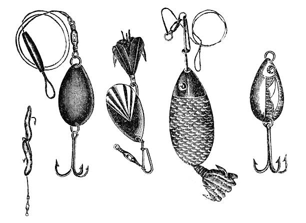 ilustraciones, imágenes clip art, dibujos animados e iconos de stock de pesca atrae - anzuelo de pesca ilustraciones