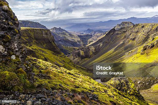 Moss Covered Valley On Fimmvorduhals Thorsmork In The Distant Stock Photo - Download Image Now