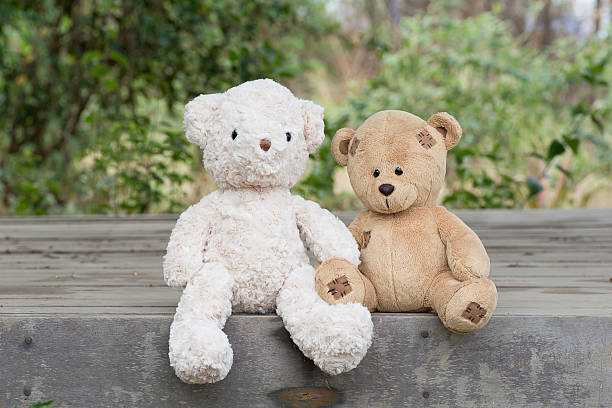 istock teddy bears sitting on a wooden floor . 519689260