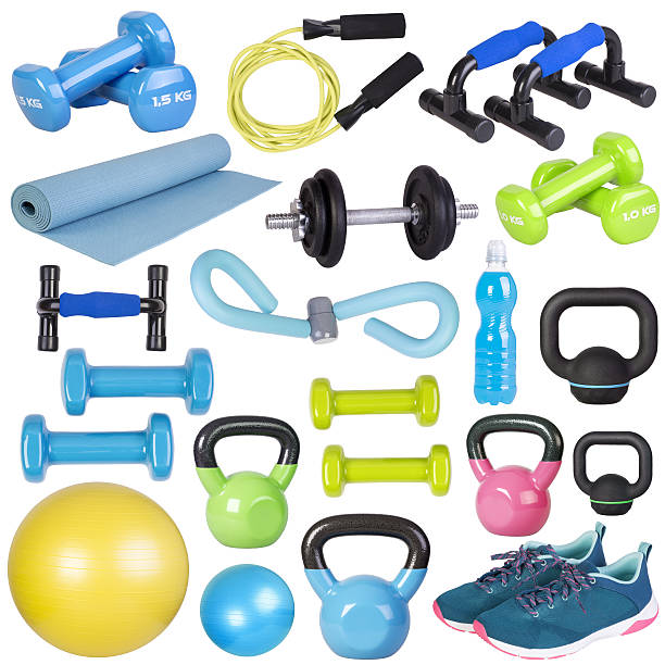 attrezzature per il fitness  - exercise equipment weights jump rope shoe foto e immagini stock