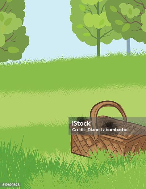 Picnic Basket Sitting In The Grass Stock Illustration - Download Image Now - Basket, Blue, Drawing - Art Product