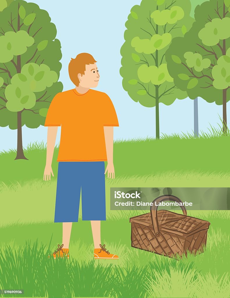 Picnic Basket Sitting In The Grass With A Boy A brown picnic baskets sits in the grass next to a boy wearing shorts. The background is a green grassy park with trees and a blue sky. Basket stock vector