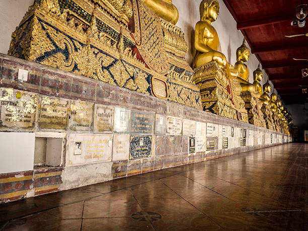 Bangkok, Thailand - February 27, 2016: Wat Mahathat Yuwarat Rang Sa Rit Racha Woramahawihan is The headquarter of Thailand's largest monastic order and Vipassana Meditation centre. It is one of the oldest temples in Bangkok. The galleries surrounding the main temple contain Buddha statues, their base contains memorials to deceased people whose ashes are interred in niches.