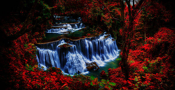 sfondo sfocato morbido e concentrati huay cascata kamin mae - flowing rock national park waterfall foto e immagini stock