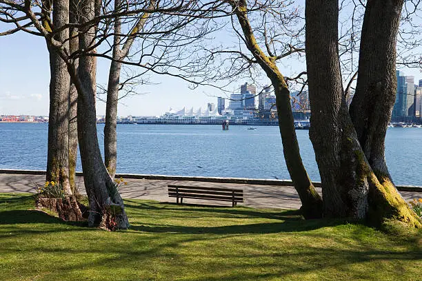 Park bench looking towards downtown Vancouver in Stanley Park,BC.