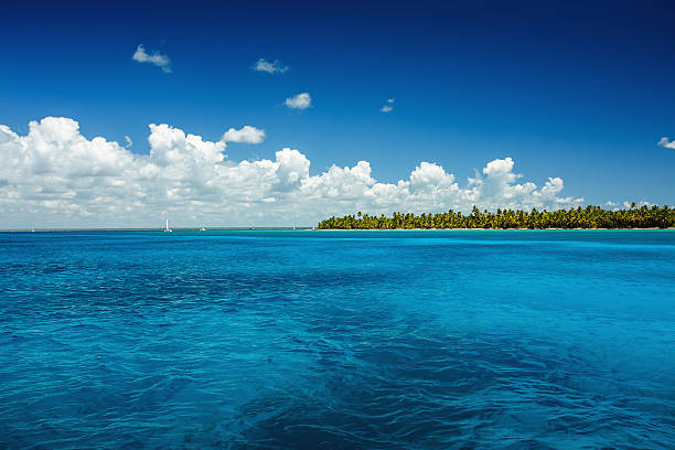 istock White fluffy clouds blue sky above a sea surface 519704060