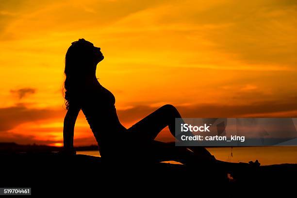 Silhouette Of Pregnant Woman Sitting On The Sand Stock Photo - Download Image Now - Abdomen, Adult, Adults Only