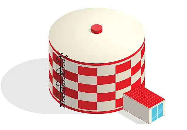 Vector illustration of Water tank, red cister. Water treatment isometric building infographic reservoir.