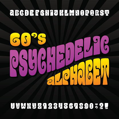Psychedelic alphabet vector font. Hand drawn letters and numbers in 60's hippy style. Stock vector typeset for your design.