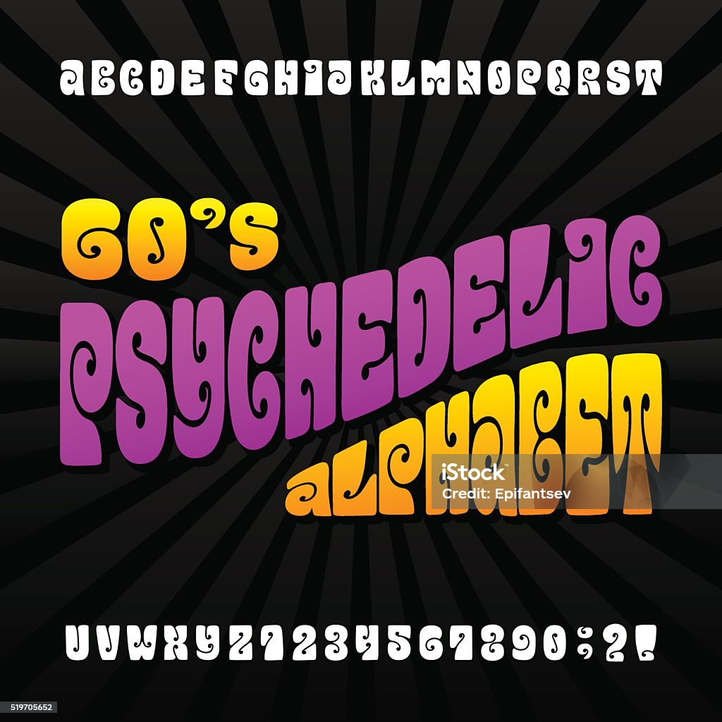 Psychedelic alphabet vector font Psychedelic alphabet vector font. Hand drawn letters and numbers in 60's hippy style. Stock vector typeset for your design. Typescript stock vector